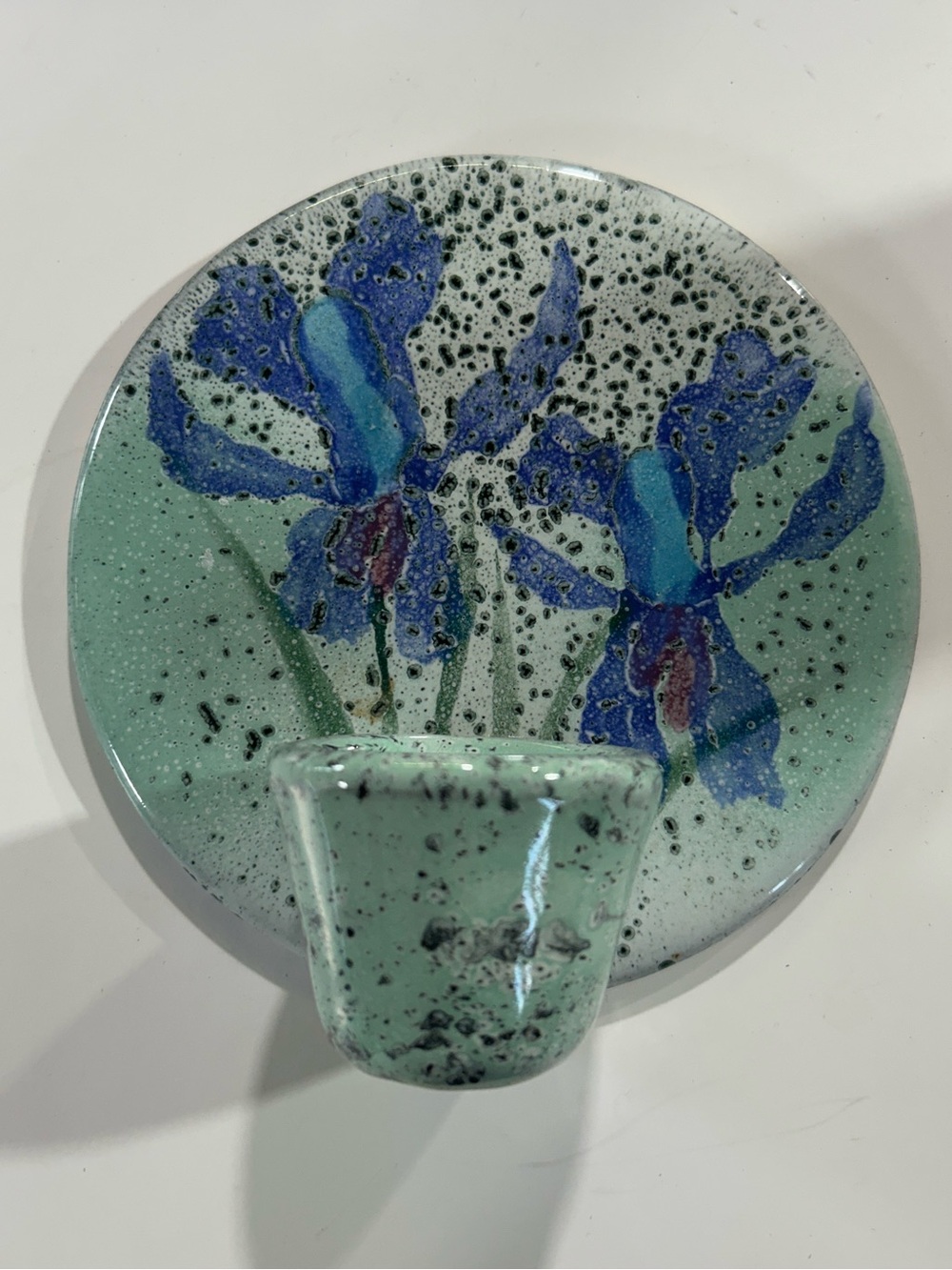 Hand-Painted Iris Wall Decor in Seafoam Green and Blue